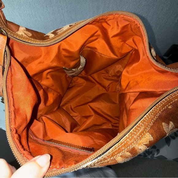 Donald J. Pliner Leather Embroidered Floral Patterned Hobo Bag in Brown Orange - Picture 12 of 16